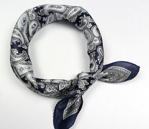 Sciarpa donna quadrata 100% seta 20" fazzoletto da collo avvolgente paisley blu navy grigio - Foto 2 di 5