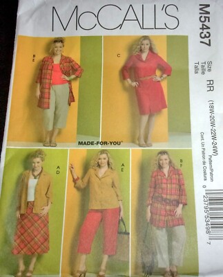 McCall's Pattern M5437 Dress Top Skirt Pants Plus Size 18W-24W A/B-D Bust Uncut