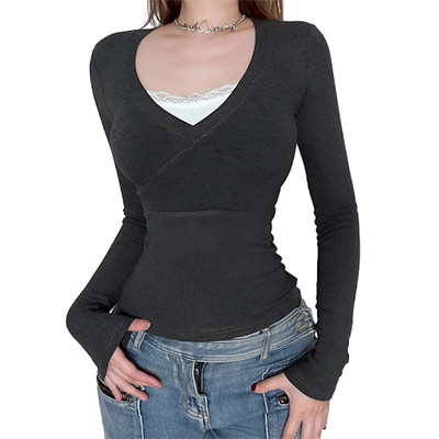Grunge y2k Tops Women Aesthetic Clothing Lace Patchwork V Neck Long Sleeve Tee