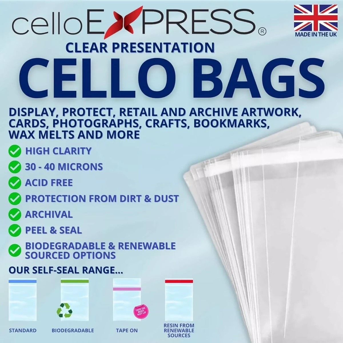 Cellophane Display Bags for Clear Large Prints Mounts Cello XL Sized Self  Seal