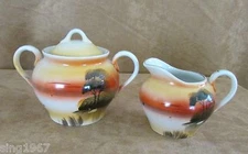 Made in Japan handpainted vintage creamer sugar bowl orange landscape tree China