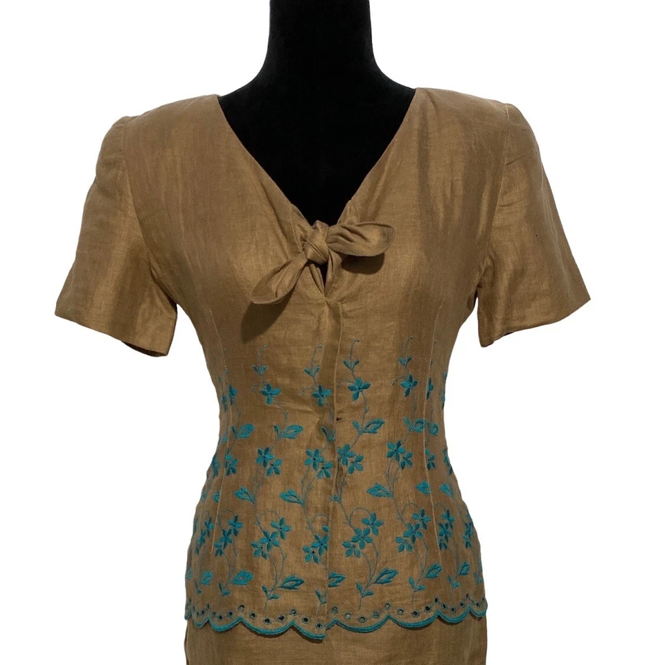 Traje Gemma Kahng 6 8 Blazer Falda Marrón Turquesa Floral Bordado Precioso Foto 2 de 4