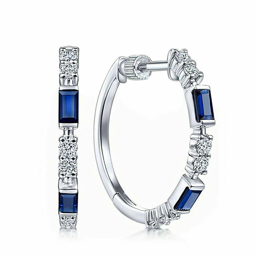 Fashion Women Blue Gemstone Decor Hoop Earrings Silver Plated Holiday Gift New