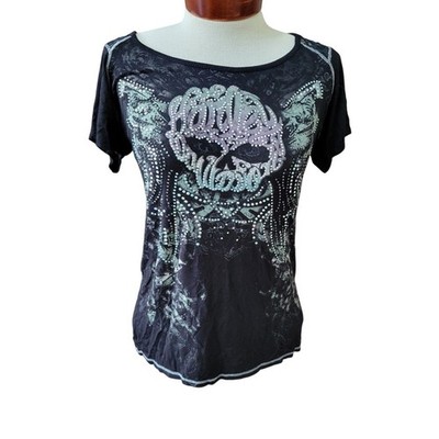 Harley Davidson Womens Medium Bling Biker Lace Back Shirt Motorcycle Grunge Y2K 