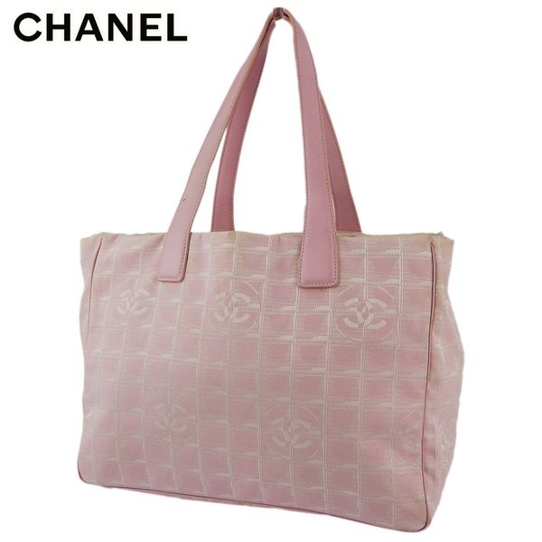 Chanel Tote Bag Shoulder Pink Nylon Jacquard Leather Used