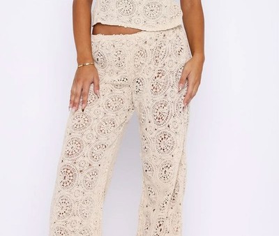 White Fox Boutique Cotton Crochet Calm Neutral Beige Long Leg Pants Size M