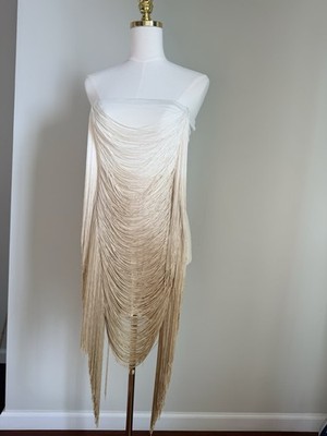 Brand New Fringe Strapless Bodycon Dress Modal white Ivory/gold X Small