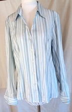 Taylor Marco Shirt XL Button Front Blouse Blue Stripe w/Metalllic Long Sleeve