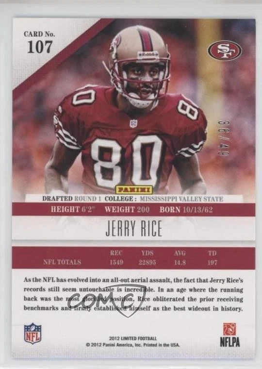 2012 Limited Legend Spotlight Silver /49 Jerry Rice #107 HOF - Image 2 of 2