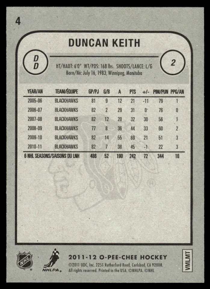 2011-12 O-Pee-Chee Playoff Beard Duncan Keith Chicago Blackhawks #4 - Image 2 of 2