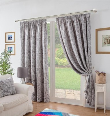 Botanisches Blatt Design Jacquard Bleistift Plissee Vorhänge Silber Alle Größen Gefüttert