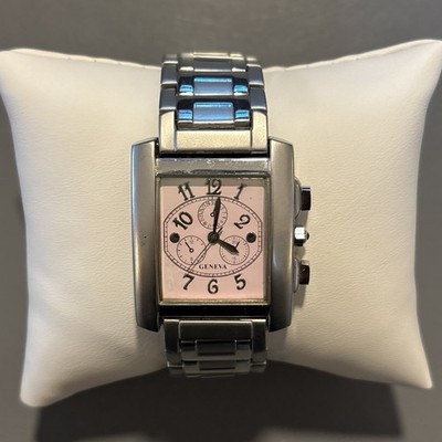 Geneva Analog Watch Silver Tone w/ Pink Face WR Fake Chronograph - Works!