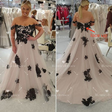 Black Appliques Wedding Dresses Off Shoulder Gothic Backless Tulle Bridal Gowns