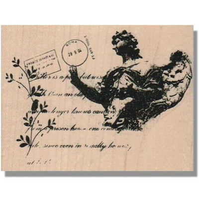 Mounted Rubber Stamp, Writing Collage With Lady, Background,Leaf,Media,Post Card