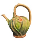 Ceramic Pitcher Large Green Pot Numbered Majolica Antique Floral Handle Vintage