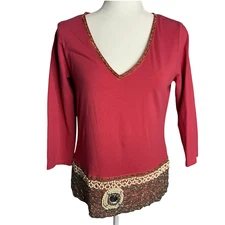 Moda International Beaded Knit Top M Pink 3/4 Sleeve V Neck Stretch Velvet Trim