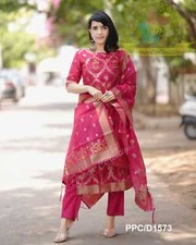 3pcs kurti set chanderi silk kurti with jamdani work along with pant and dupatta