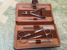 Vintage Manicure Set By Special Triple Cut Western Germany Brown Leather Case