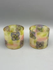 2x The White Barn Candle Co Inlaid Floral Resin Candle Holder Glass Interior  3"
