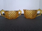 Vintage Amber Glass Sugar Bowl & Creamer Diamond Pattern
