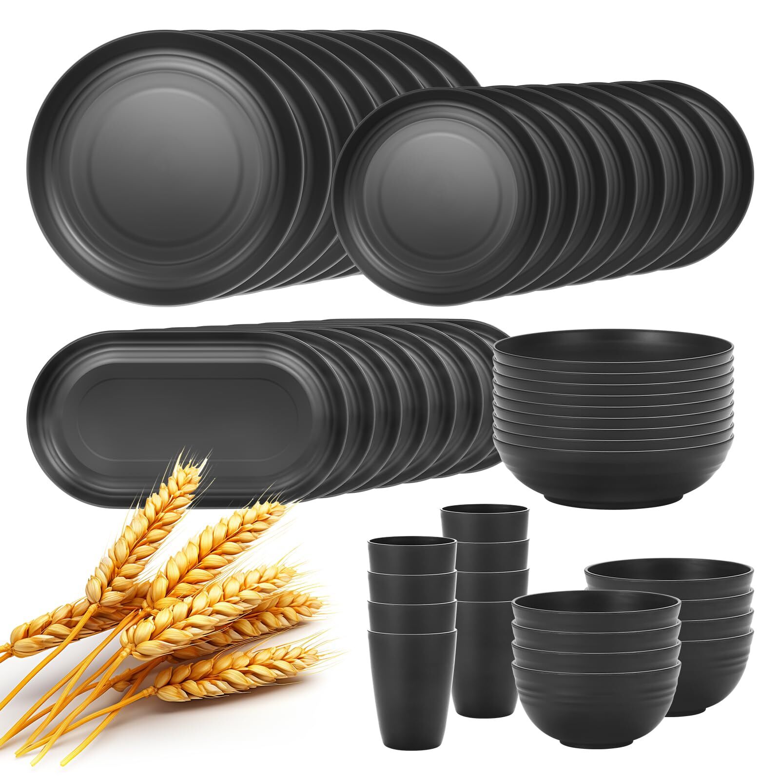 48Piece Kitchen Wheat Straw Dinnerware Set for 8 Black The dinnerware dinnerware