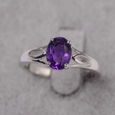 Purple Amethyst Solitaire Ring Natural Gemstone Oval Cut 925 Sterling Silver
