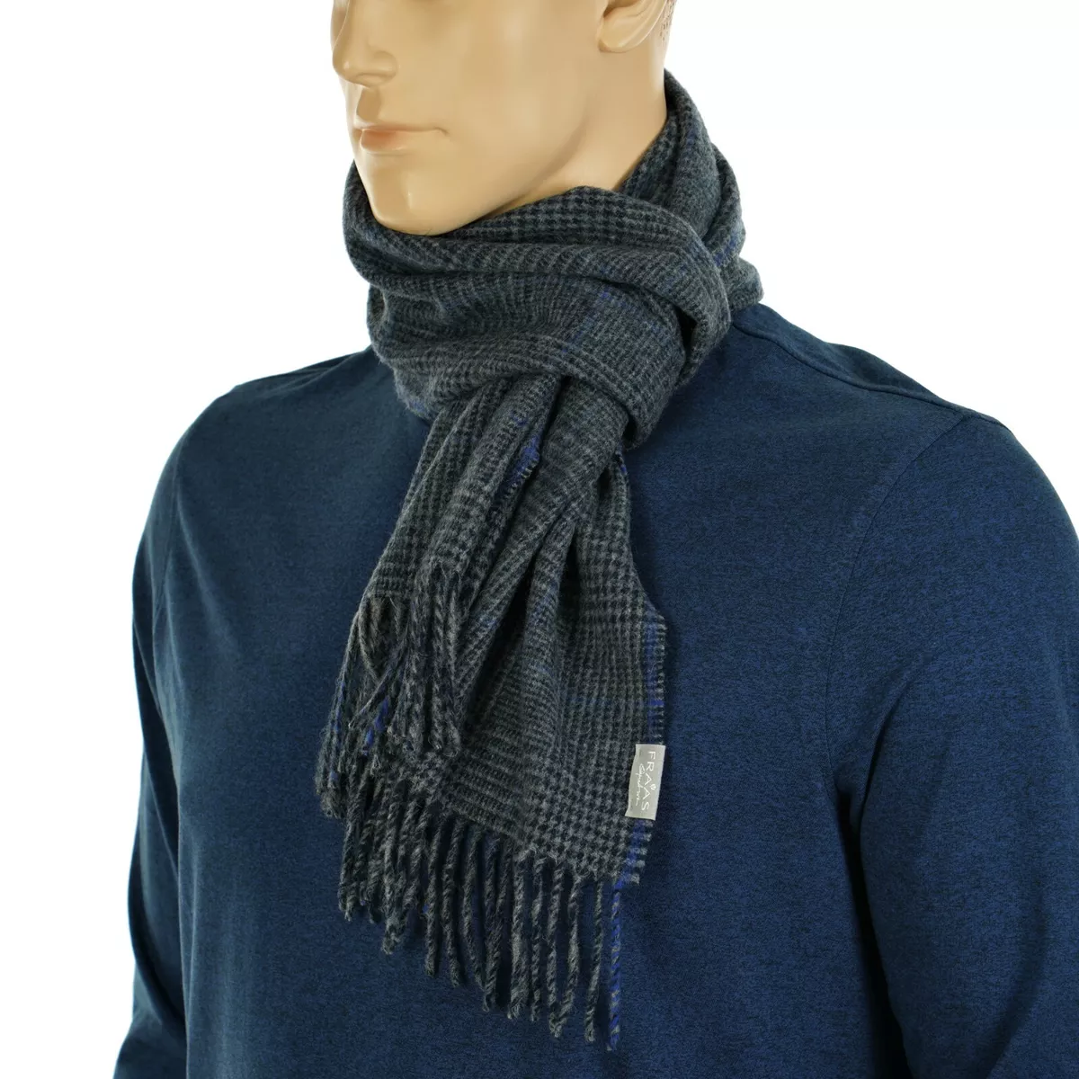 FRAAS Men s NAVY GRAY BLUE Patterned CHECK Winter SCARF with FRINGE 100 Wool