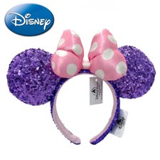 Disney-Parks Purple Sequin Minnie Mouse Ear with Pink Polka Dot Bow Headband US