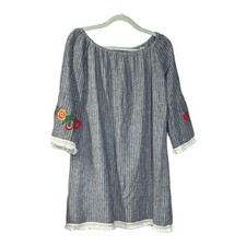 Beach Lunch Lounge Womens Small Petite Blue Lined Dress Embroidered Off Shoulder