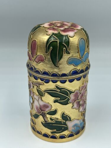 Vintage Chinese Cloisonne Enamel Trinket Box Cylinder Floral 3” Tall