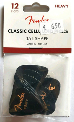 12 Fender  Classic Celluloid 351 Picks, Heavy Black, Plektrum Hang Bag