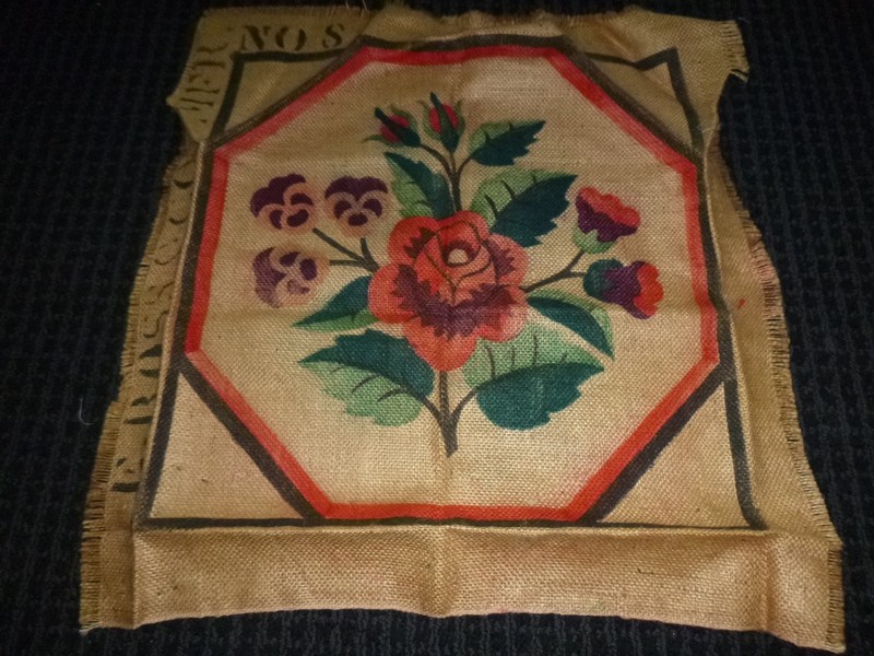 Vtg Antique E Ross & Co Stamped Color Burlap Rug Pattern Floral Roses Pansies18"