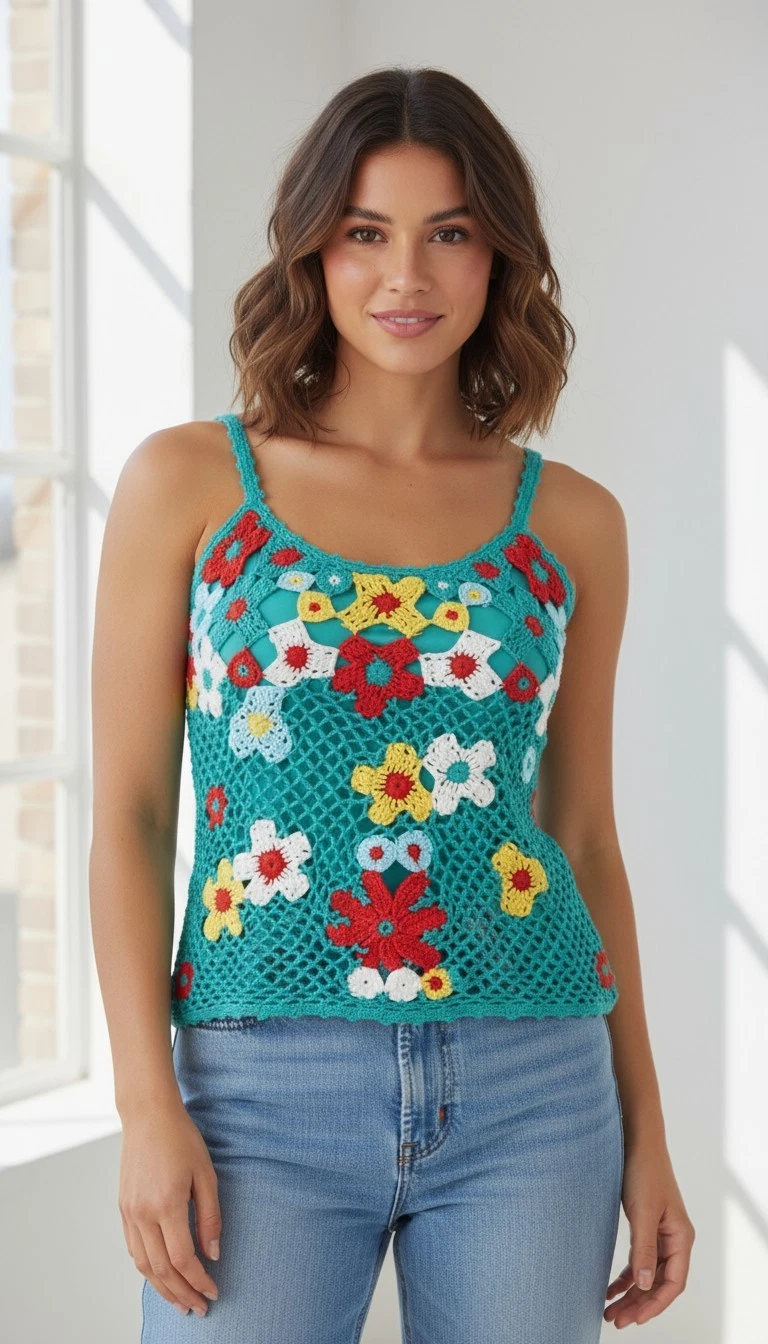 Kroshetta by Papillon Women's Crochet Tank Top Floral Sleeveless Green Size M