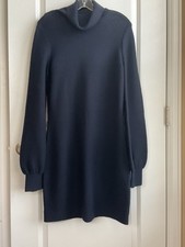 E Tahari Merino Wool Sweater Dress Turtleneck Navy Blue L