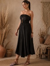 Black Smocked Tie-Waist Women's Dress