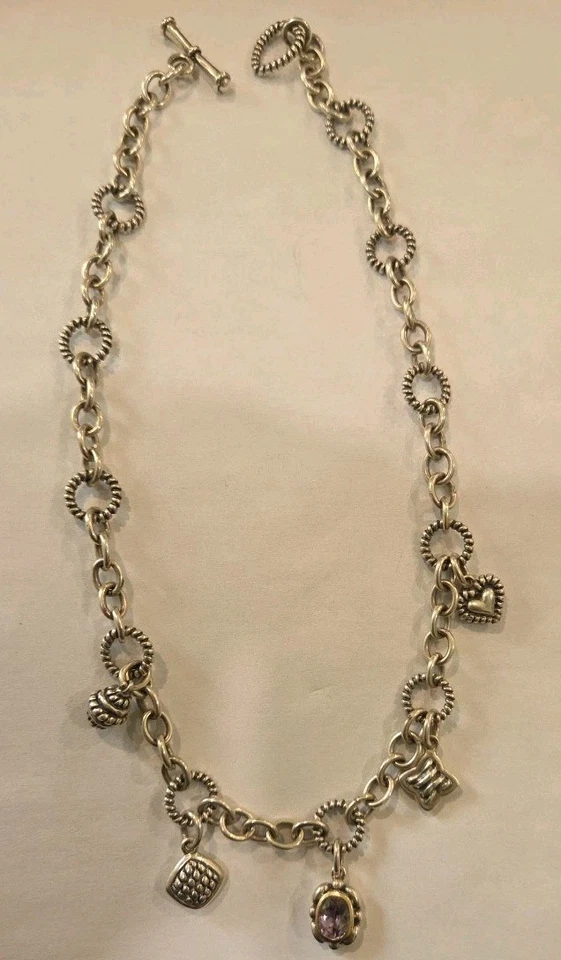 Collar vintage de plata esterlina de 16" con dije de palanca corazón amatista bellota 40,3 g Foto 3 de 4