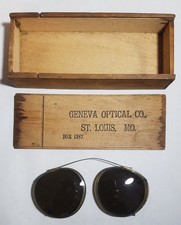 Vintage Geneva Optical Co. Wooden Box and Clip-on Sunglasses