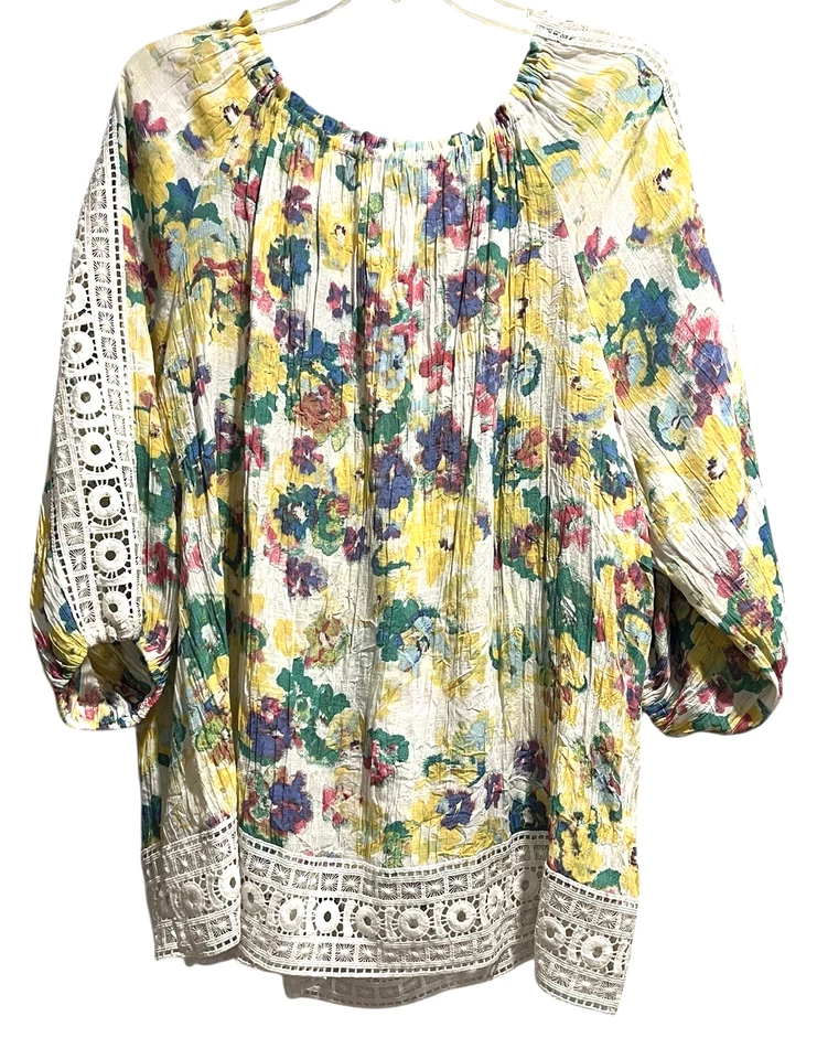 Top campesino Hope & Harlow para mujer talla 2X floral encaje boho manga abullonada 3/4 artístico Foto 2 de 4