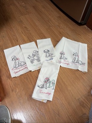 Vintage Kitchen Dish Tea Towels 5 Days of the Week Hand Embroidered Poodles 50 s