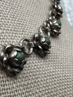 Vintage Sterling Silver & Jadeite/Jade Flower Link Necklace Mexico