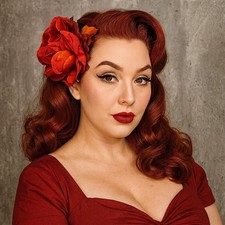 Handmade Fall Hair Flower Clip Red Rose Autumn Leaves Pinup Rockabilly Retro
