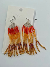 Ethnic Glass Seed Bead Earrings in Crystal, Orange, Golds Bronzes, hooks
