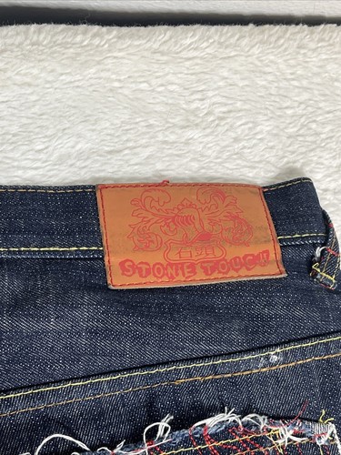 Vintage Stone Touch Denim Jeans 40x32 bestickt Flammen Tasche Baggy Y2K - Bild 4 von 14