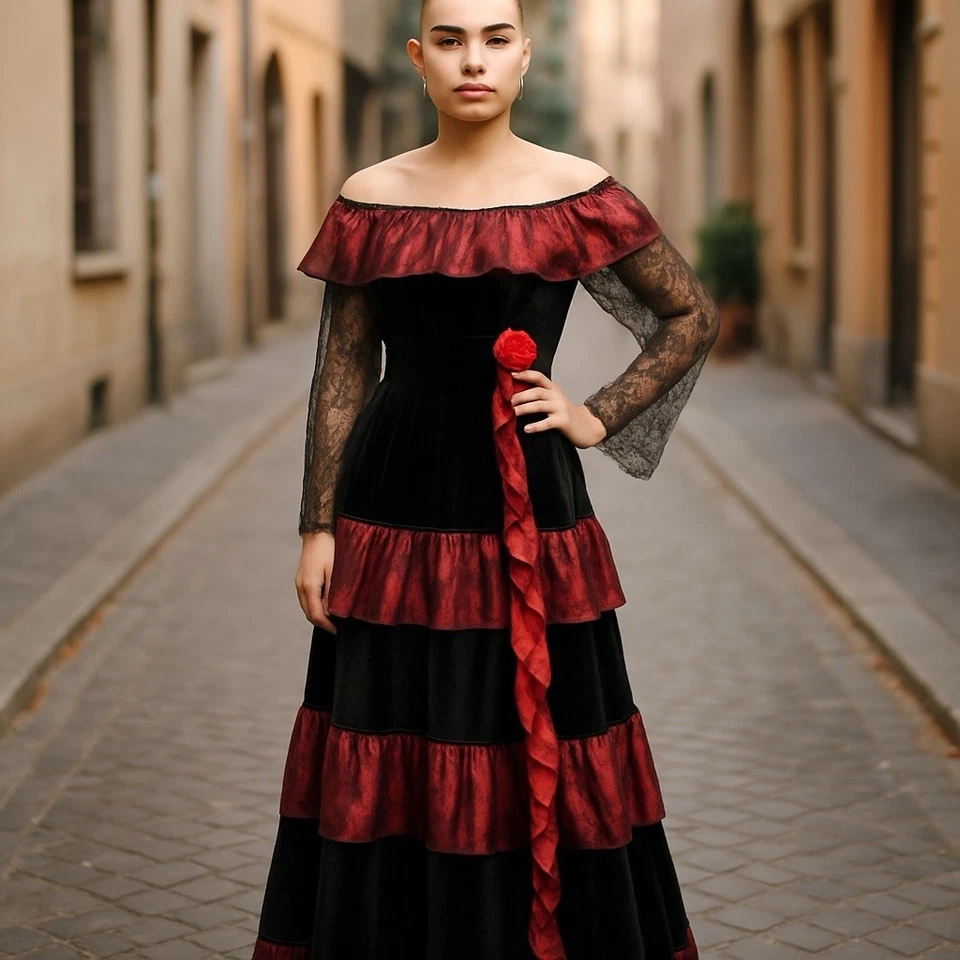 Smiffeys Dress Spanish Style XL Red Satin Velvet Black Lace Arm - Image 2 of 4