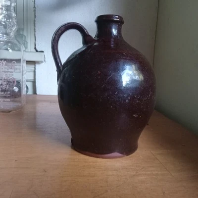 1830s EARLY PA REDWARE POTTERY OVOID JUG 7 1/4"TALL HAND THROWN NICE - Image 1 of 4