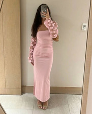 Damen Bodycon Midikleid Rosa Langarm Applikat...