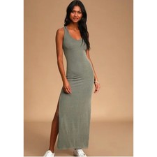 Lulu's Relaxed But Not Least Sage Green Bodycon Racerback Slit Long Maxi Dress S