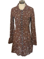 FREE PEOPLE Size 10 Y2K Prairie Brown Floral Button Front Boho Shirt Dress