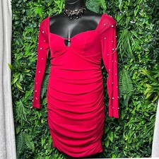 Pearl Detail Womens XL Red Ruched Long Sleeve Sheer  Bodycon Mini Dress 3277
