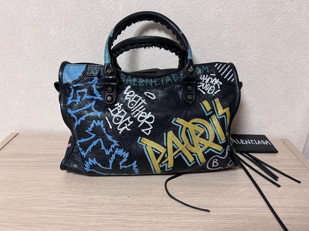 BALENCIAGA Graffiti City Bag S Black Leather Iconic Street Styl w